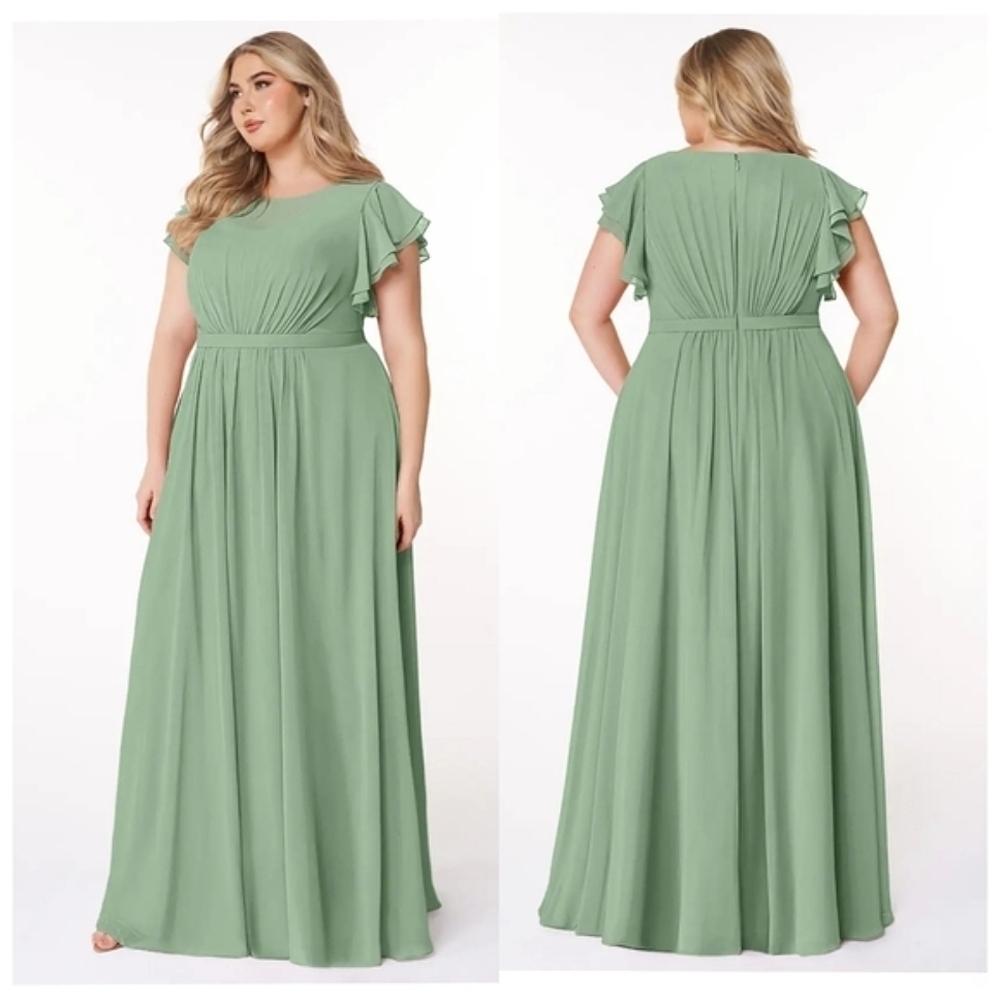 Azazie Womens Daphne A-Line Ruffled Chiffon Floor-Length Dress 14 Matcha Green